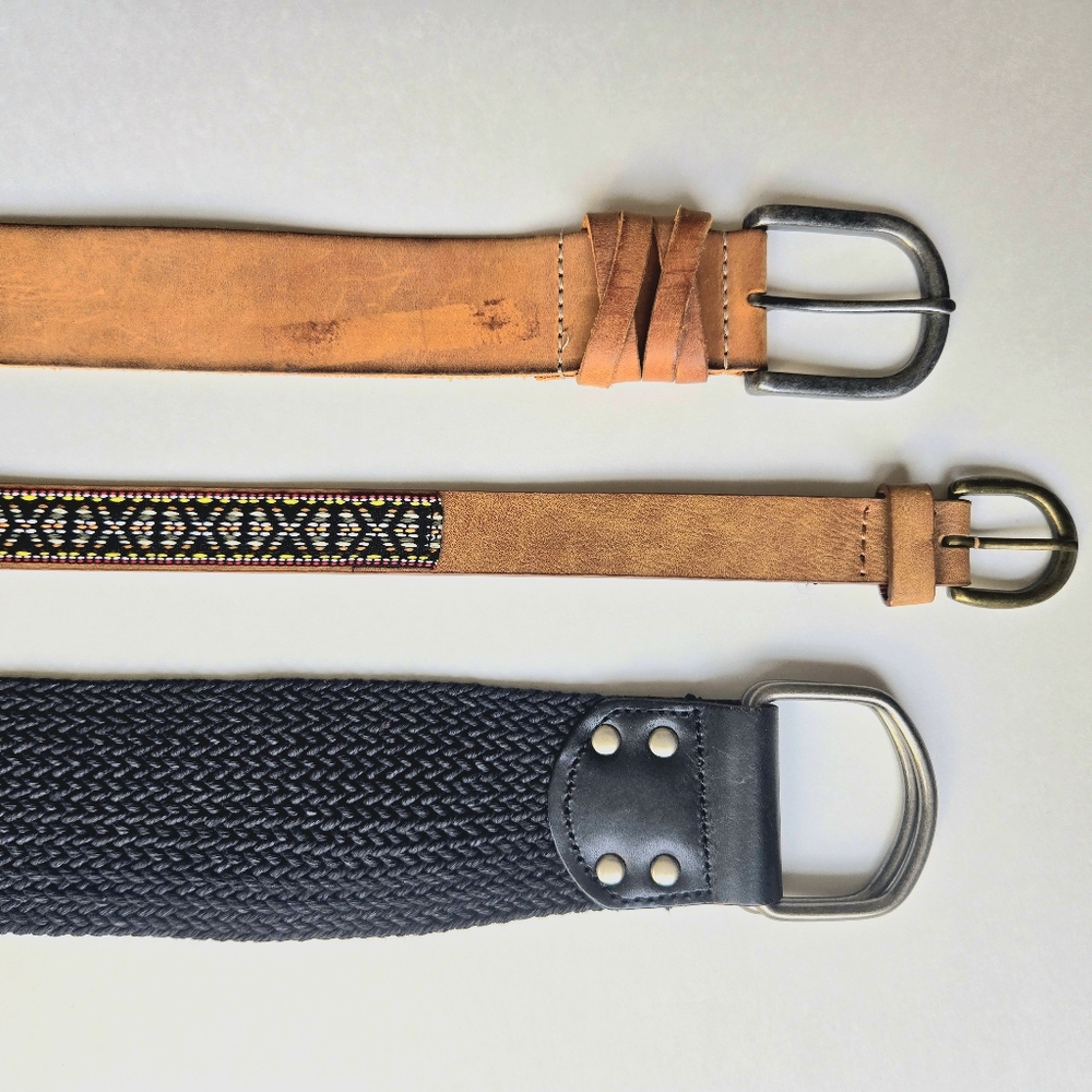 Vintage Belt LOT Brown Black Leather Cotton Woven Buckle Cognac Wide Thin Suede